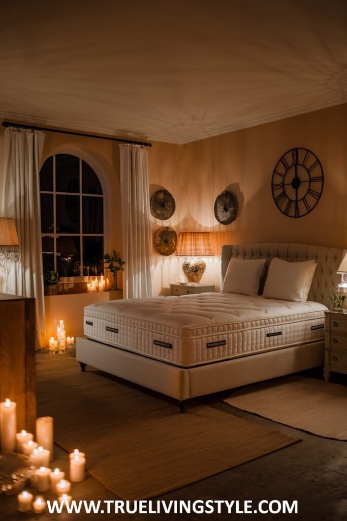 Candlelight sets a truly romantic mood in this warm bedroom, complemented by neutral bedding and warm-toned walls illuminated by soft lamp light.