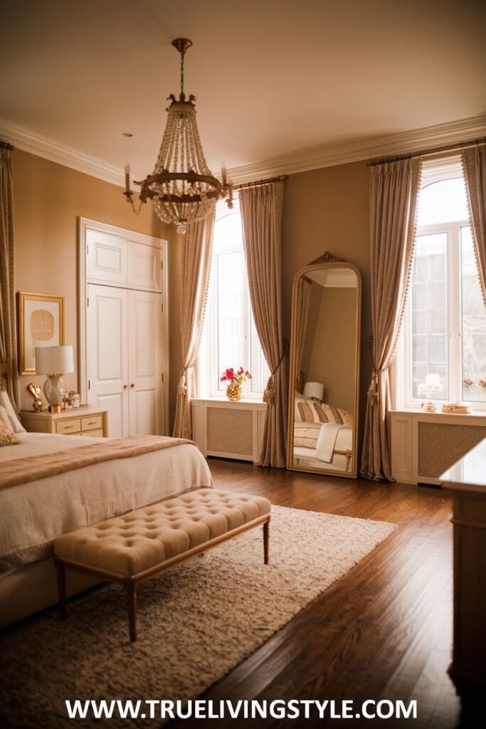 A full-length mirror with a gold frame enhances the light and space of this warm romantic bedroom, paired with warm beige tones and soft chandelier lighting.