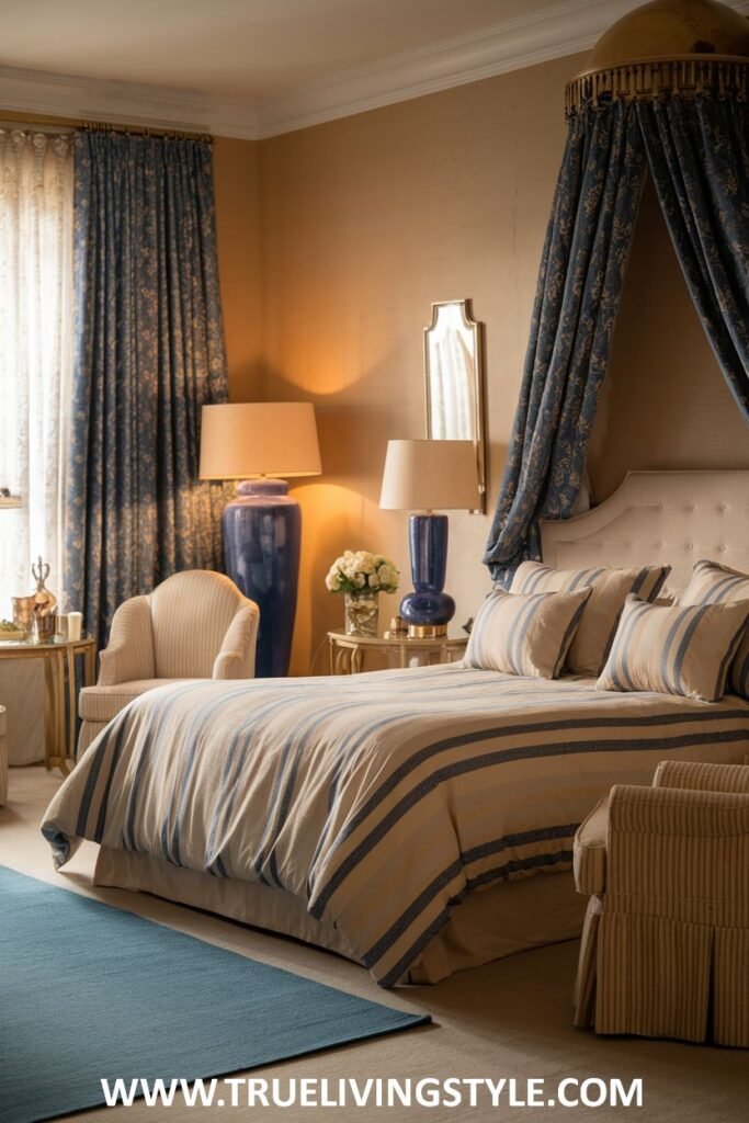 Calming blue accents in the curtains, bedding, and lamps are introduced into this warm romantic bedroom, balanced with warm beige tones and soft lamp lighting.