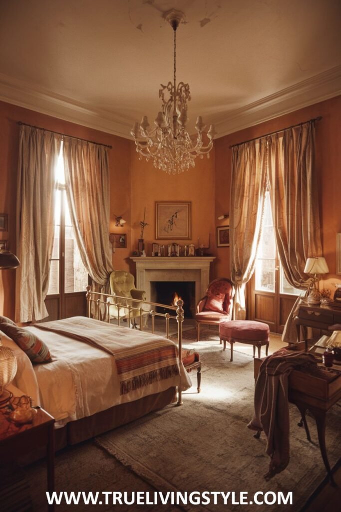 An eclectic and warm romantic bedroom features mixed styles and textures, warm orange wall tones, patterned curtains, and soft chandelier and lamp lighting.