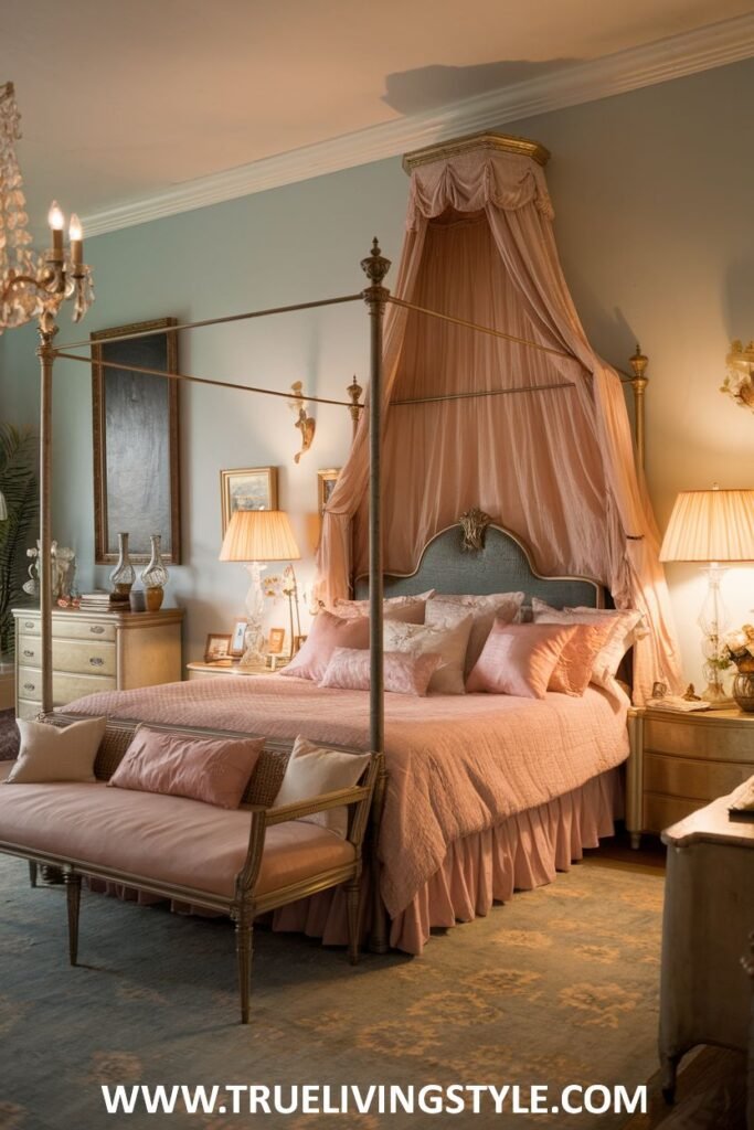 An elegant four-poster bed draped with soft pink fabric creates a luxurious and romantic retreat in this warm bedroom, complemented by soft, warm-toned bedding and ambient lighting.
