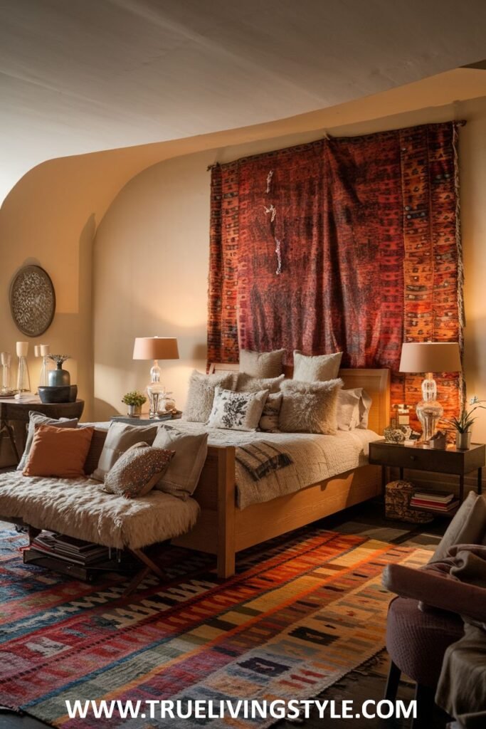 A unique and warm bedroom with a romantic feel incorporates rustic wooden elements and tribal-inspired textiles as wall decor, lit by warm-toned lamps.