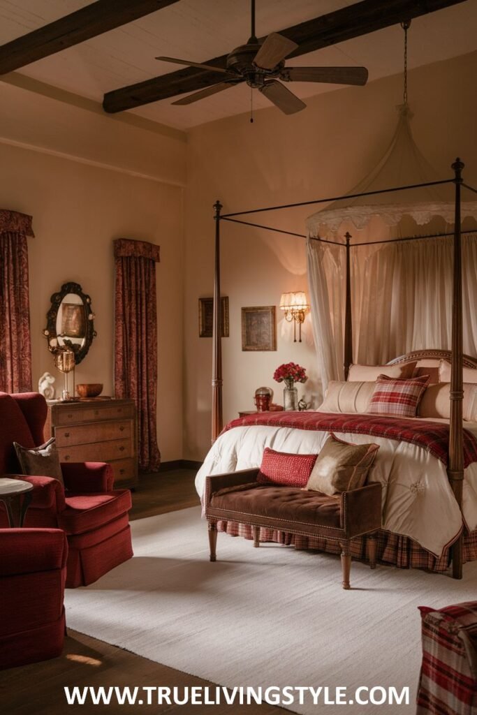 A comfortable four-poster bed with red and white bedding is featured in this warm romantic bedroom, complemented by warm lighting from wall sconces and table lamps.