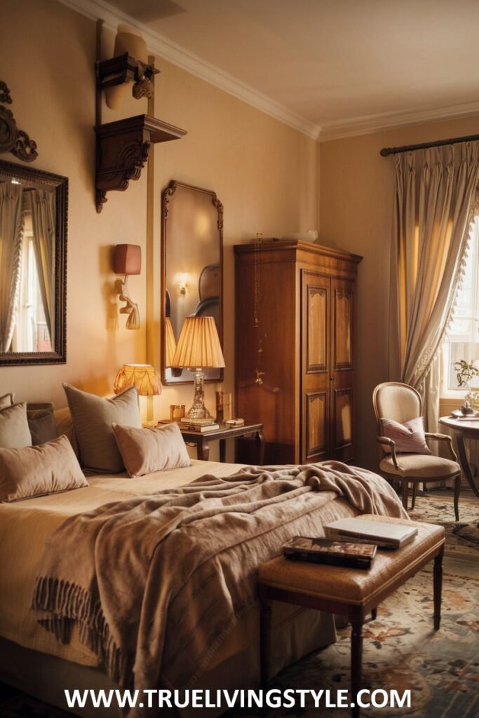 A warm and romantic bedroom features layered textures on the bed, including a plush throw and several pillows, illuminated by soft bedside table lamps.
