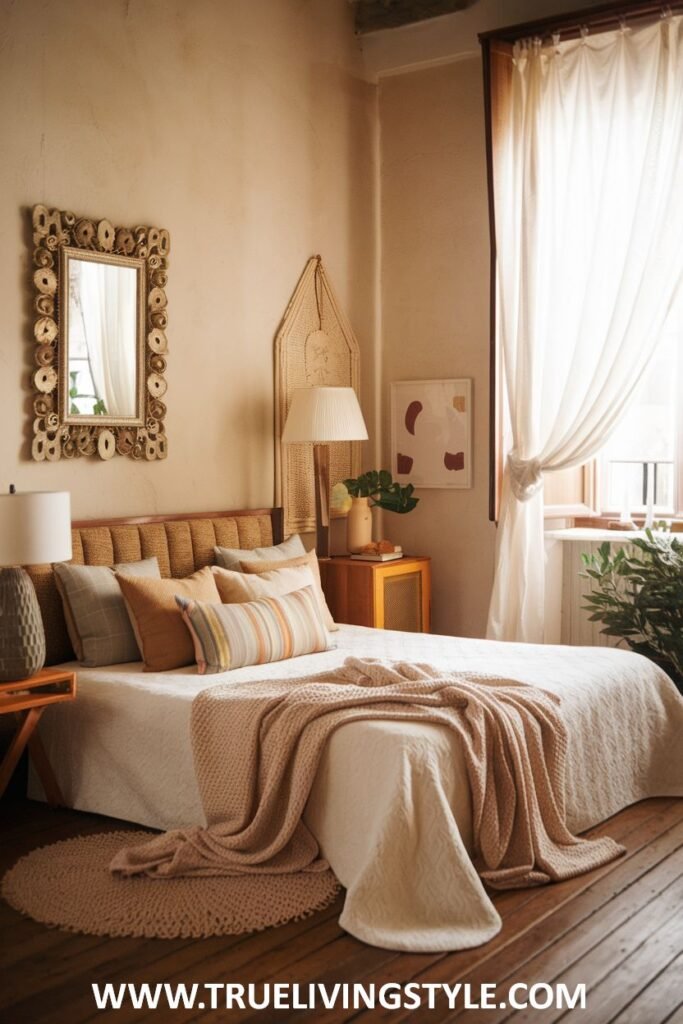 This warm and romantic bedroom showcases natural materials such as a wooden bed frame, woven accessories, and a cozy knitted throw, with soft, diffused lamp lighting.