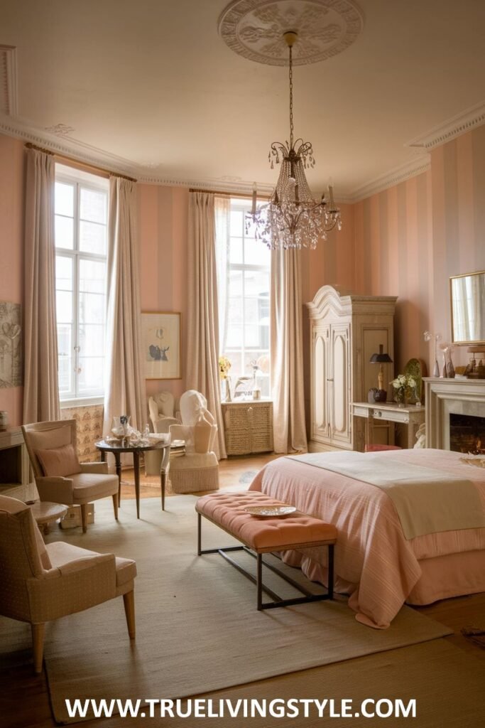 An elegant and romantic bedroom with a warm ambiance is decorated with soft hues of pink and beige, a chandelier, and refined furniture, all enhanced by soft lighting.