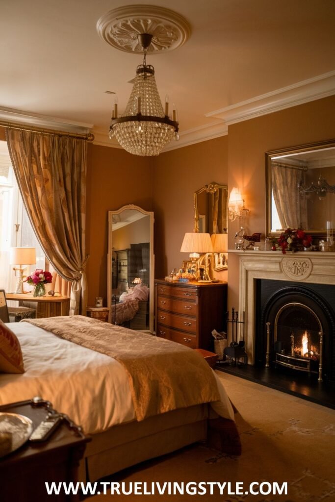 A warm and romantic bedroom centers around a fireplace as a focal point, featuring luxurious gold bedding and soft, warm lighting to amplify the cozy atmosphere.