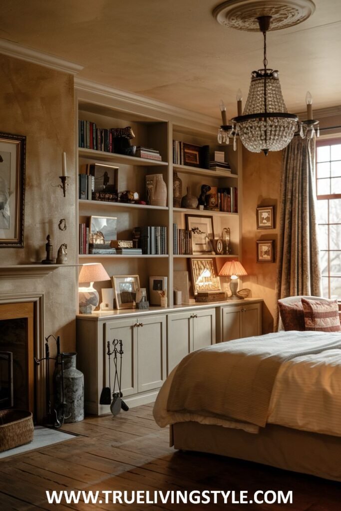 A cozy book nook by the fireplace adds to the warm and romantic ambiance of this bedroom, complete with a bookshelf, plush armchairs, and warm lamp lighting.