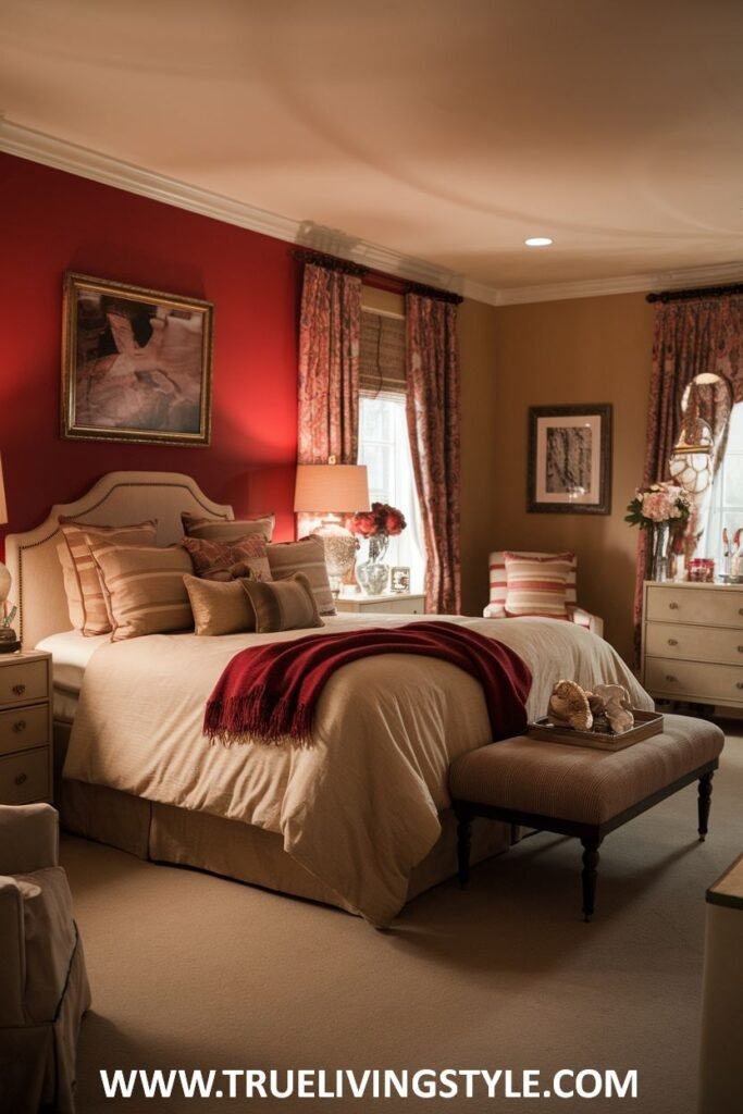 A warm bedroom with romantic accents features a bold red accent wall balanced by soft neutral bedding and warm lighting from bedside lamps.
