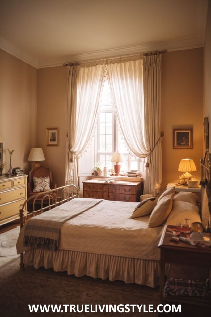 A light and airy bedroom with a warm, romantic feel maximizes natural light with sheer curtains, paired with light bedding and warm-toned wooden furniture.