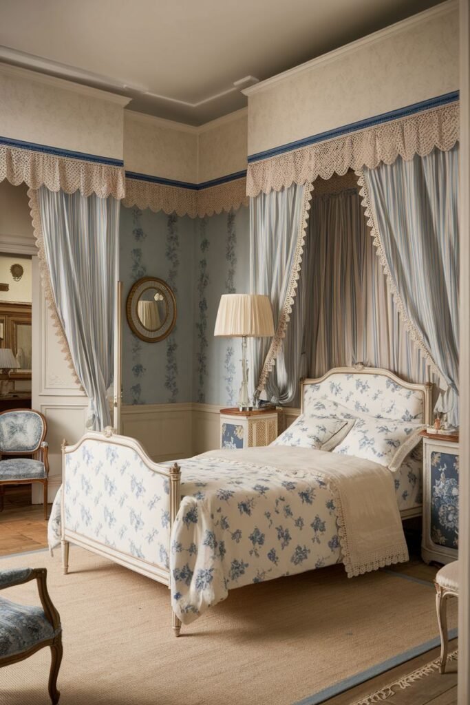 A comfortable french bedroom featuring a blue and white striped canopy and matching bedding on a elegant bed. A round mirror hangs on the blue floral wallpaper, and a blue armchair is visible on the left.
