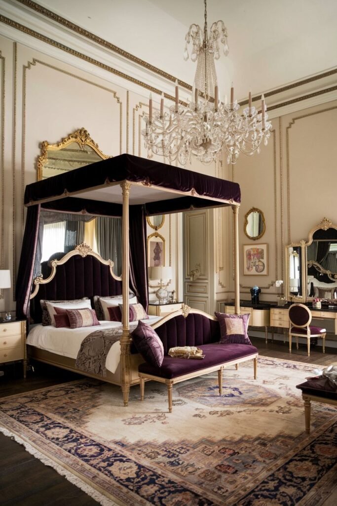 A luxurious comfortable french bedroom with a grand four-poster bed draped in rich purple velvet. An opulent crystal chandelier hangs above, and a bench upholstered in purple velvet is at the foot of the bed.