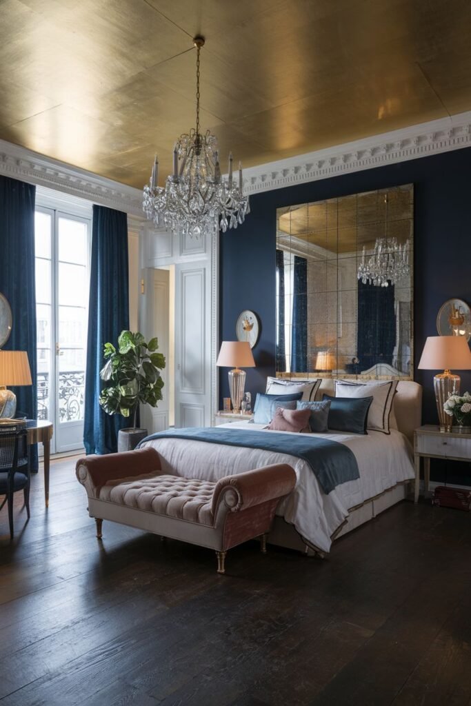 A striking comfortable french bedroom with dark blue walls and a metallic gold ceiling. The room contains a bed with blue and pink pillows, a bench, a large mirrored wall, and a crystal chandelier.