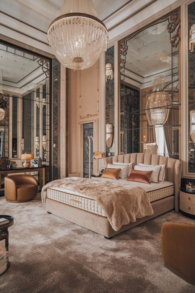 A modern take on a luxurious comfortable french bedroom featuring a large crystal chandelier and expansive mirrored walls with dark accents. The bed is upholstered in beige and covered with plush bedding.