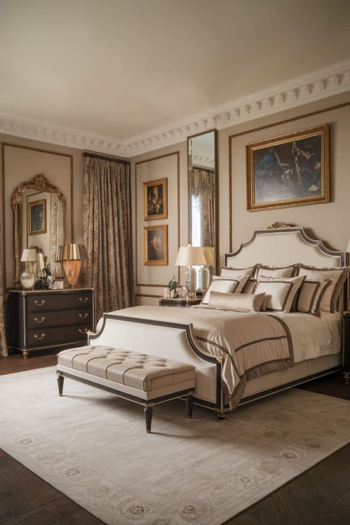 An elegant comfortable french bedroom with a bed featuring dark trim on the headboard and bedding. A bench is placed at the foot of the bed, and the room is decorated with paintings and mirrors.