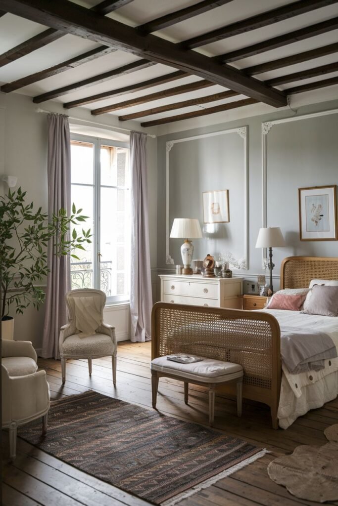 A cozy comfortable french bedroom featuring exposed wooden ceiling beams and a bed with a wicker headboard. A bench and a dresser are included, and a rug is placed on the dark wooden floor.