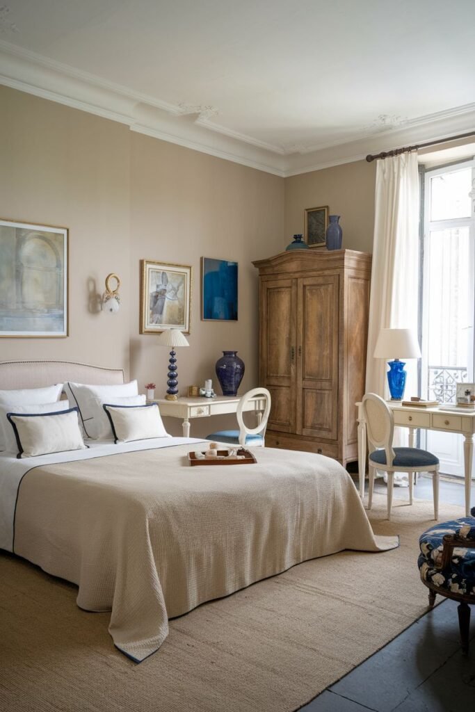 A practical and comfortable french bedroom with a large antique wooden wardrobe. The room includes a bed with beige bedding trimmed in blue, a desk with a chair, and artwork on the walls.
