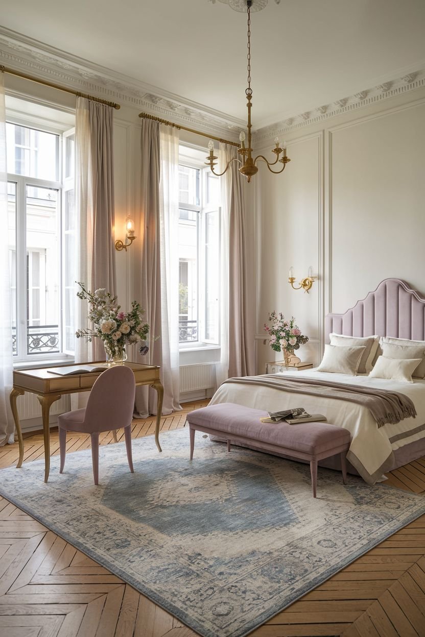 A refined comfortable french bedroom with large windows and a bed featuring a pink velvet headboard. A bench and a desk with a chair are included, and a light-colored rug is placed on the floor.