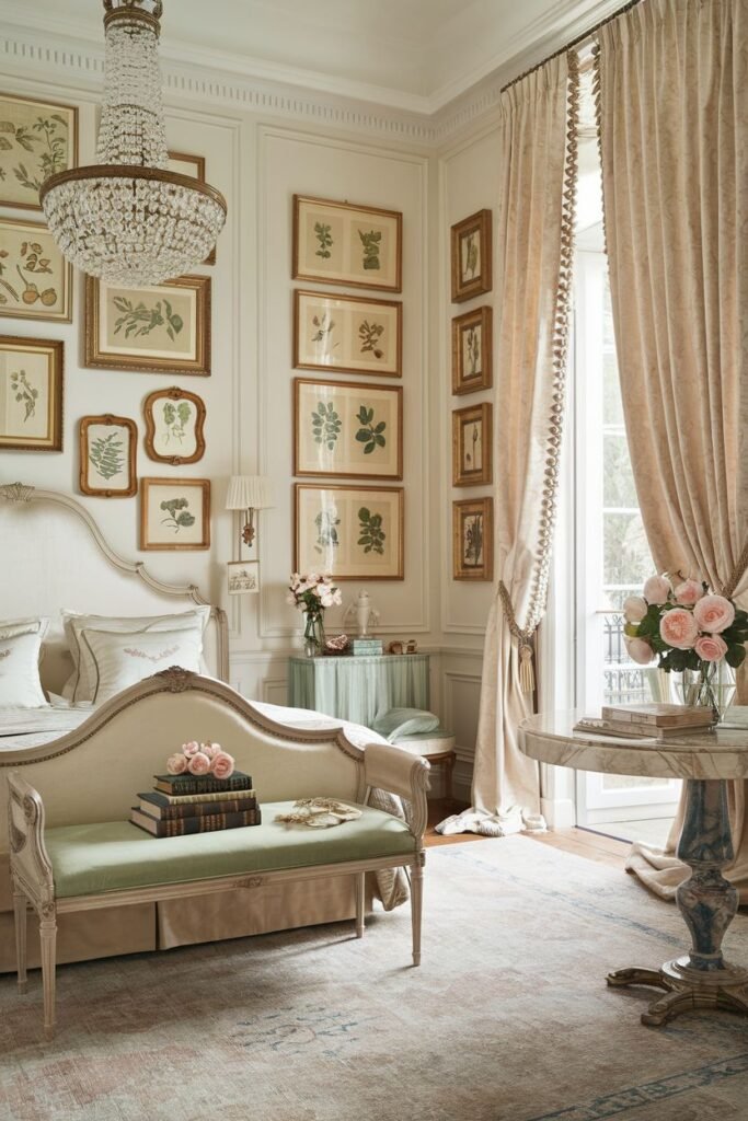 A charming comfortable french bedroom with walls covered in a grid of framed botanical prints. The room contains a bed with an upholstered headboard, a bench with books, and a round marble-top table.