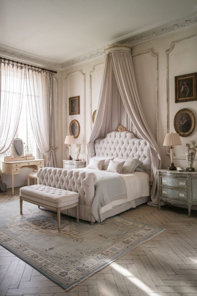 A sophisticated comfortable french bedroom with a tufted upholstered bed and a draped canopy. A tufted bench is placed at the foot of the bed, and the room includes a dressing table and dressers.