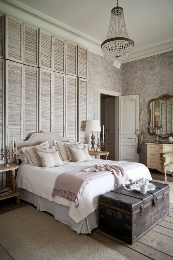 A comfortable french bedroom with a large bed covered in white linens and a pink throw, positioned in front of a wall of tall, rustic wooden shutters. A dark trunk sits at the foot of the bed, and a large crystal chandelier hangs from the ceiling.