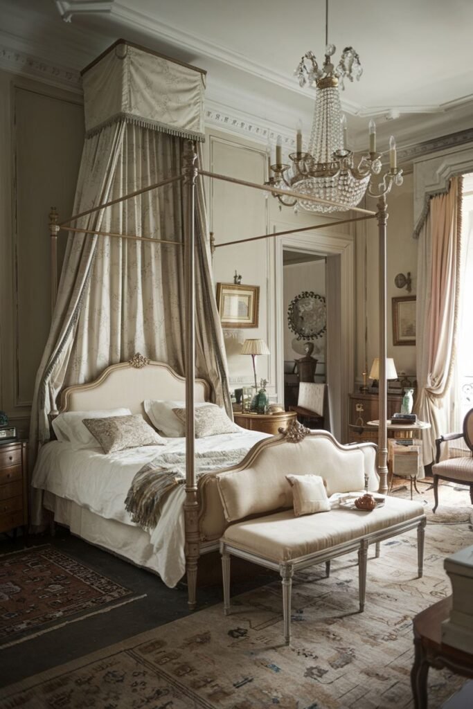 An elegant comfortable french bedroom with a four-poster bed draped with a canopy. A bench with a cushioned seat is placed at the foot of the bed, and a large crystal chandelier is a central feature of the room.