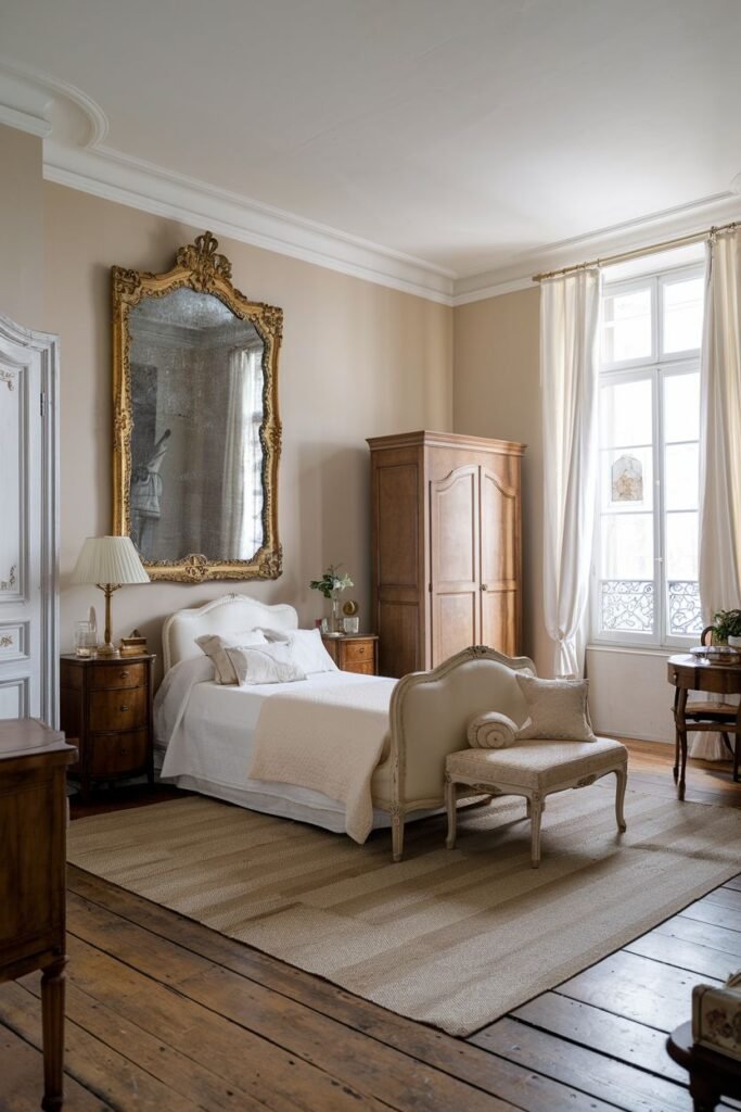 A simple yet comfortable french bedroom dominated by a large, ornate gold mirror above the bed. The room includes a wooden wardrobe, a bench at the foot of the bed, and a large window.