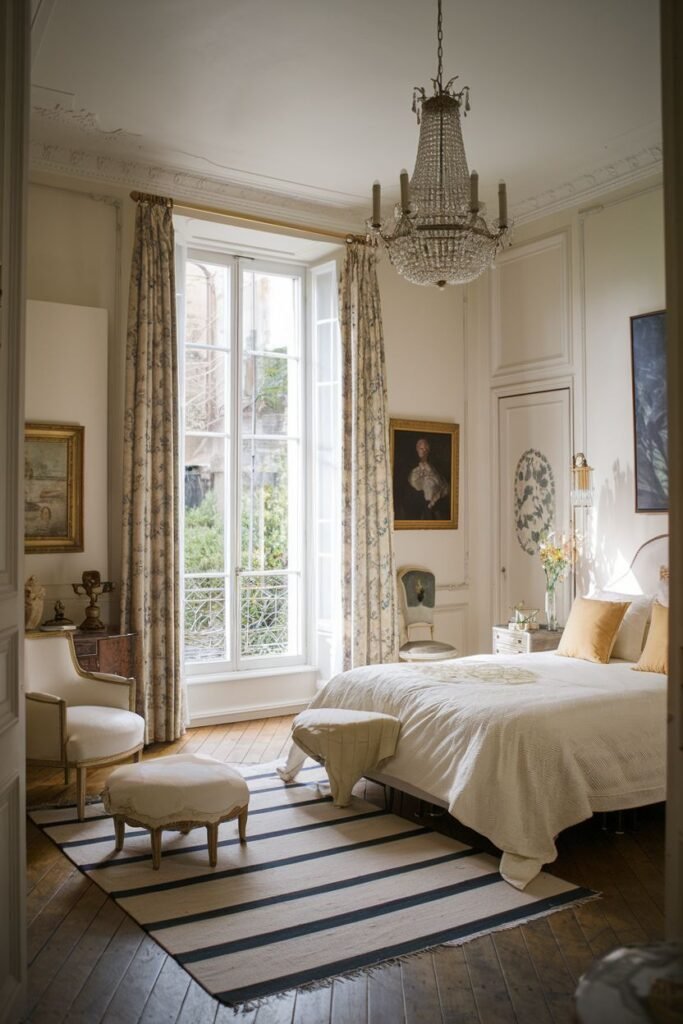 A light-filled comfortable french bedroom with tall windows and a view of greenery outside. A striped rug covers the wooden floor, and a crystal chandelier hangs from the ceiling. The bed is dressed in white with yellow pillows.