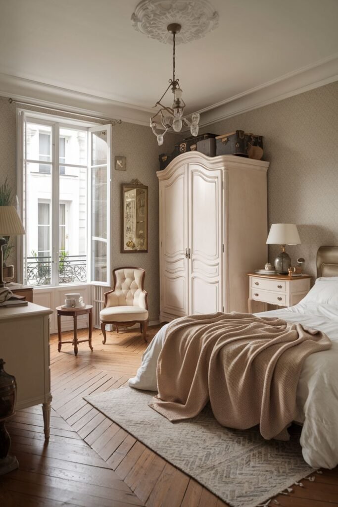 A cozy and comfortable french bedroom with a large window and ornate ceiling molding. A large painted wardrobe stands in the corner, and a bed with a brown throw blanket is visible on the right.