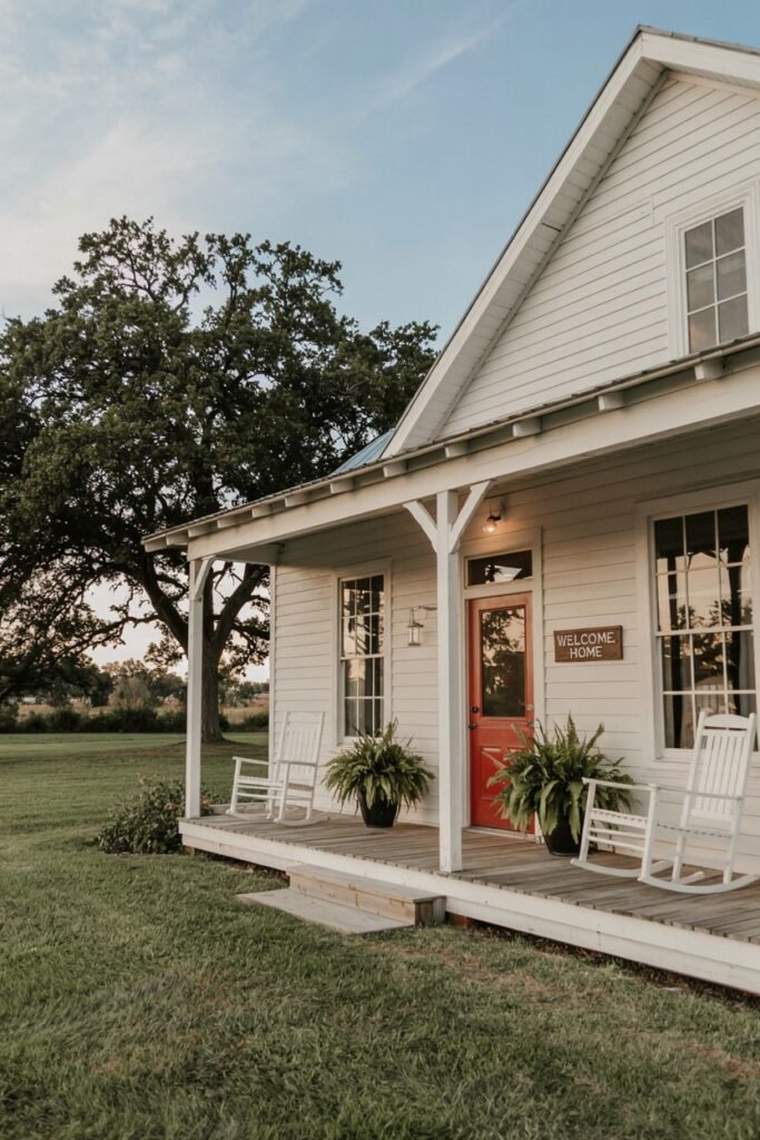 A white farmhouse porch with white rocking chairs and potted plants. The front door is red, and a sign reads "WELCOME HOME". A large tree is visible in the background.