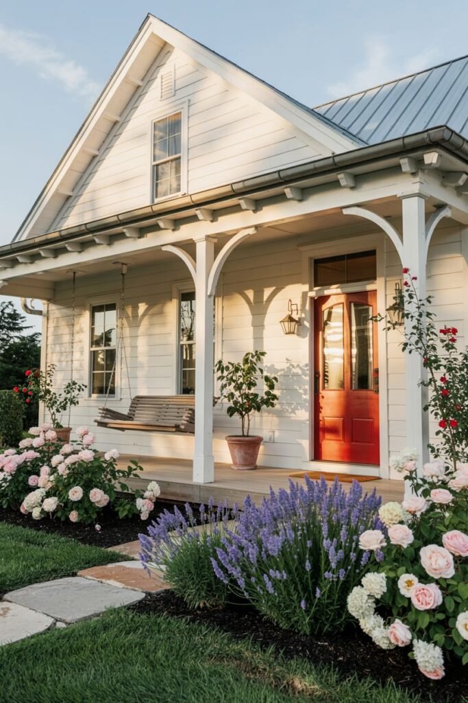 A white farmhouse porch with a red front door, a porch swing, and potted plants. Lavender and pink roses are blooming in garden beds along a stone pathway.