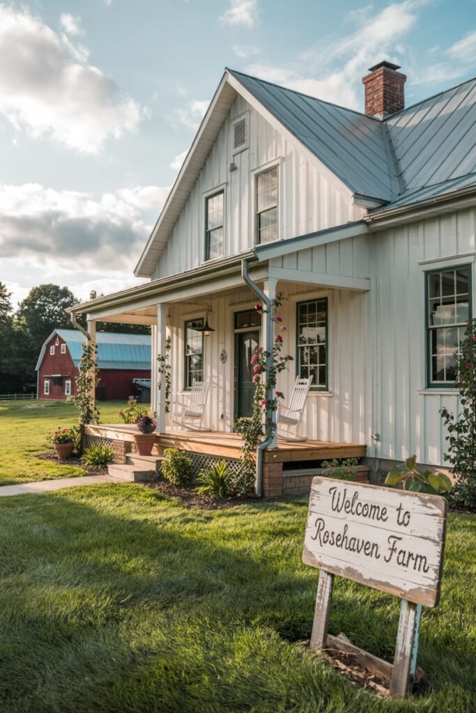 A white farmhouse with a porch and rocking chairs, set in a grassy field with a red barn visible in the distance under a cloudy sky. A sign in the foreground reads "Welcome to Rosehaven Farm".
