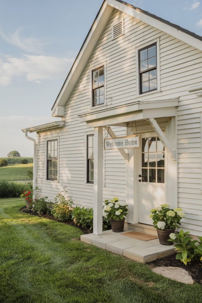 A white farmhouse with a small porch and a white front door. White potted hydrangeas flank the steps, and a sign above the door reads "Welcome Home".