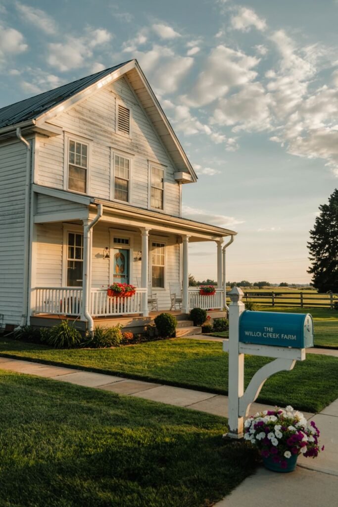 A white farmhouse with a porch and a blue mailbox in the foreground. The mailbox stand is labeled "THE WILLDI CREEK FARM". Flowers are planted in a pot at the base of the mailbox.