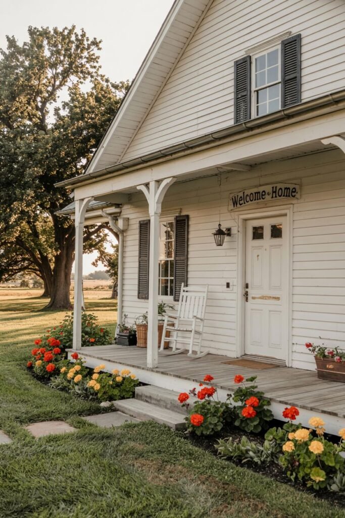 A white farmhouse with a porch and a white rocking chair. The front door is white, and a sign above it reads "Welcome Home". Red and yellow flowers are blooming along the porch steps.