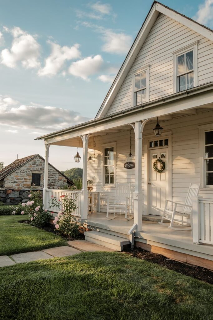 A white farmhouse with a porch and white rocking chairs. A stone building is visible in the background to the left. Pink roses are blooming along the pathway.