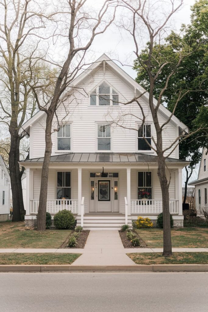 A tall white farmhouse with a porch and white railings, centered between two bare trees on a street.