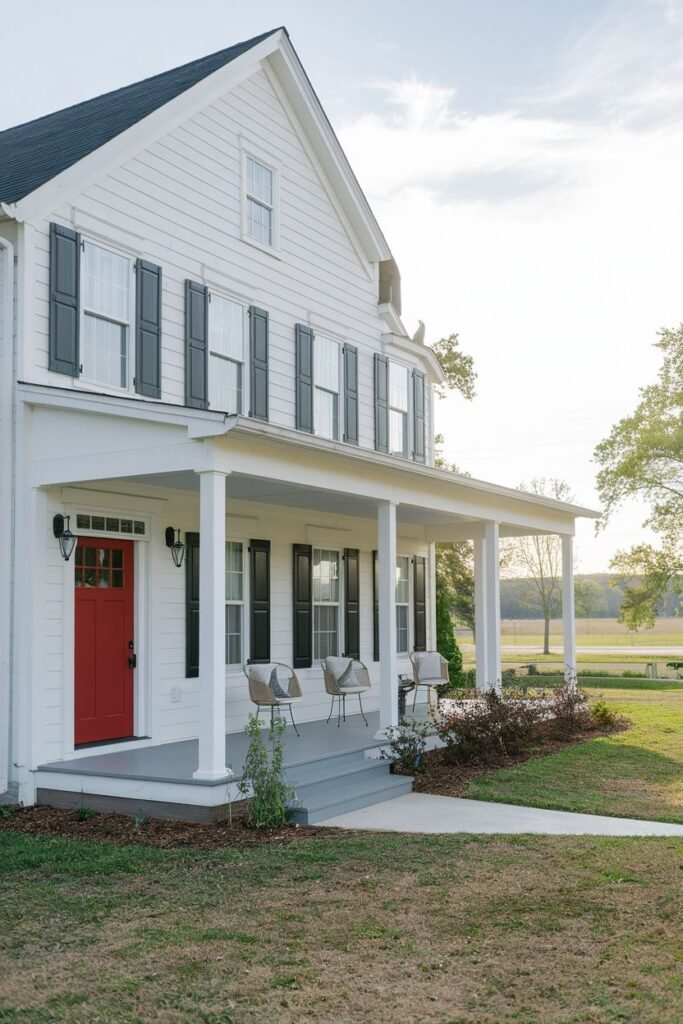 A white farmhouse with dark shutters on the windows and a deep porch supported by white columns. The front door is red.