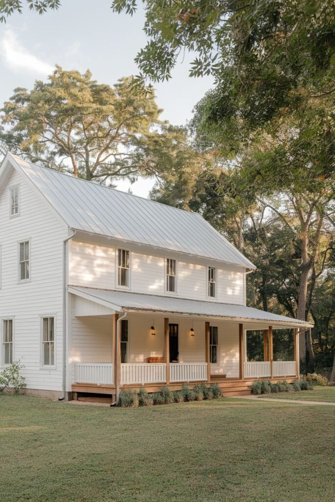 A white farmhouse with a metal roof and a wrap-around porch supported by wooden columns and railings.