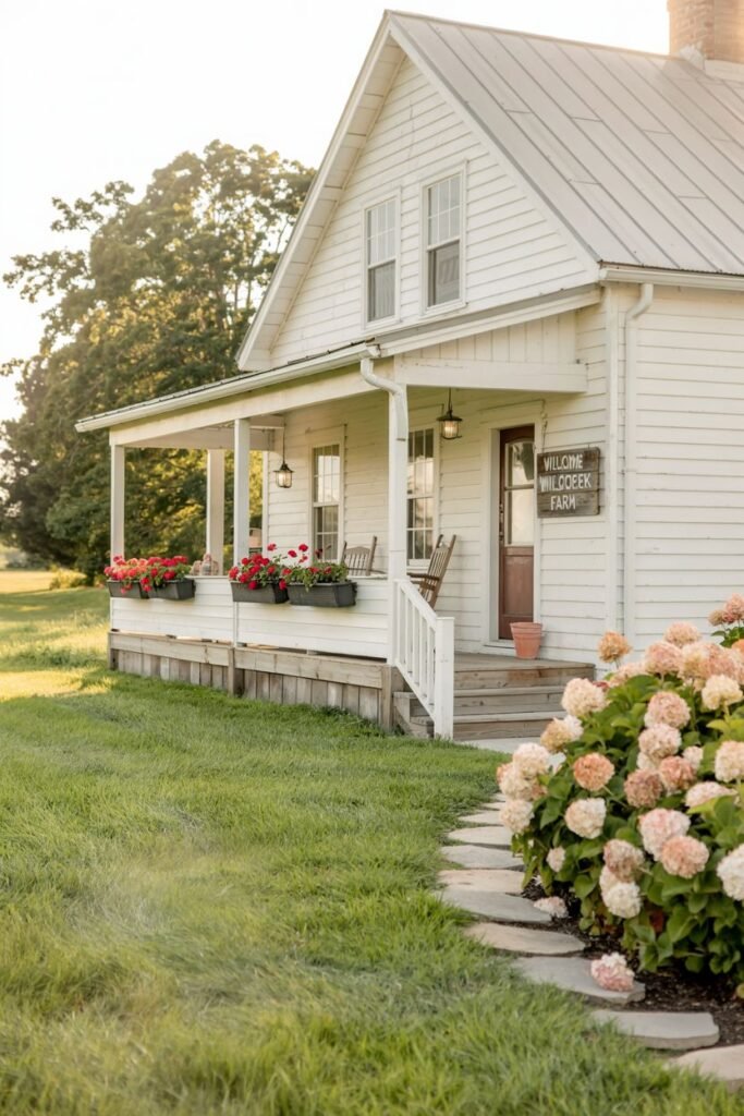 A white farmhouse with a metal roof and a porch with a brown front door. Pink hydrangeas are blooming along a stone pathway, and a sign reads "WELCOME WILLDCreek FARM".