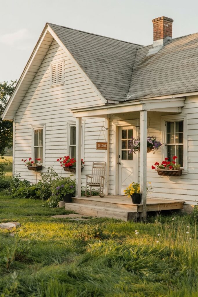 A white farmhouse with a gray roof and a small porch. A single rocking chair is on the porch, and flower boxes are mounted below the windows. A sign above the door reads "WELCOME".