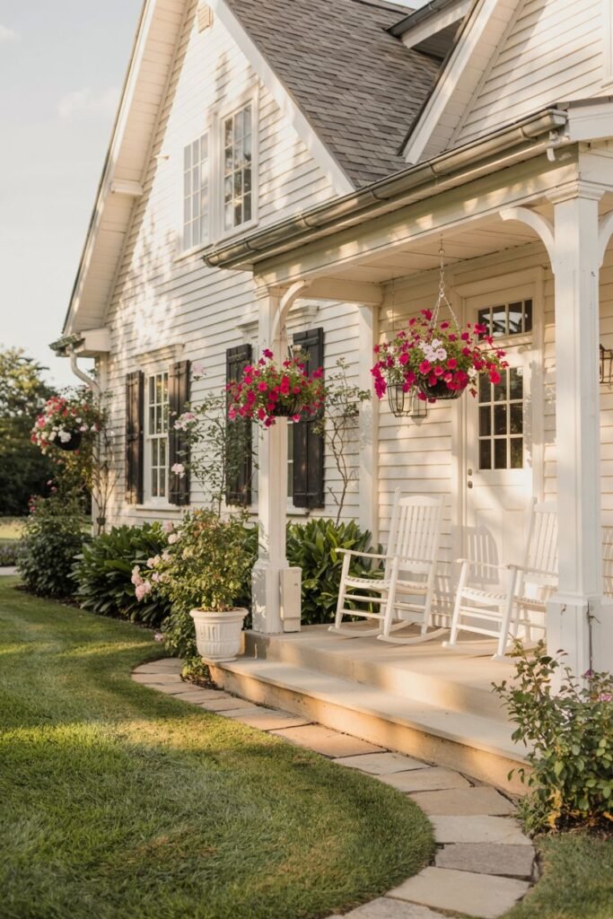 A white farmhouse porch with white rocking chairs and hanging baskets filled with pink flowers. A curved stone pathway leads to the steps.