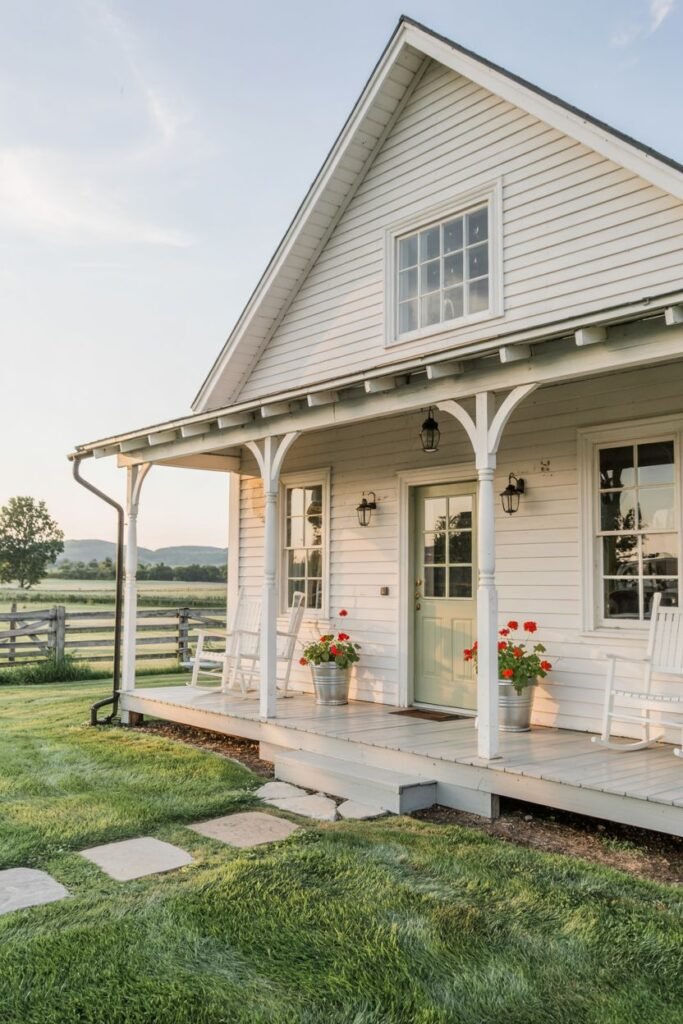 A white farmhouse porch with white rocking chairs and red potted flowers. The porch has a mint green door and overlooks a grassy field with a fence and trees in the distance.