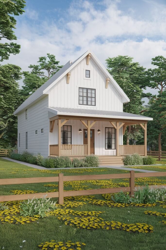 A white, two-story farmhouse with dark-framed windows and a covered porch supported by wooden posts and railings. A wooden fence and yellow flowers are in the foreground, with trees in the background under a partly cloudy sky. This appears to be a rendering.