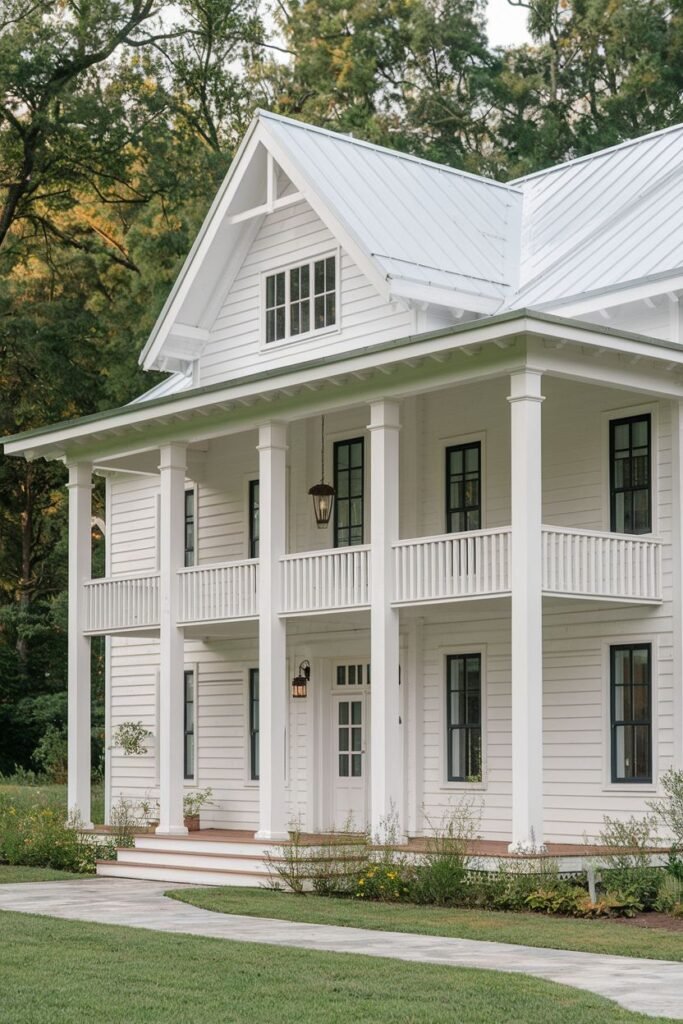 A large white farmhouse with a metal roof and a double-decker porch with white columns and railings.