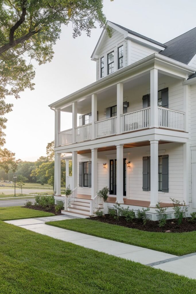 A multi-story white farmhouse with stacked porches featuring white columns and railings. A paved pathway leads to the steps.